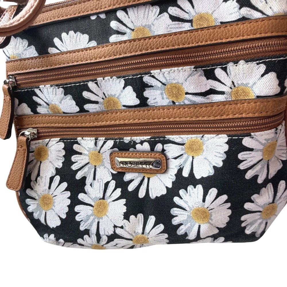 Rosetti Womens Daisy Floral Crossbody Bag Black Brown Canvas Triple Zip Purse - Picture 4 of 7